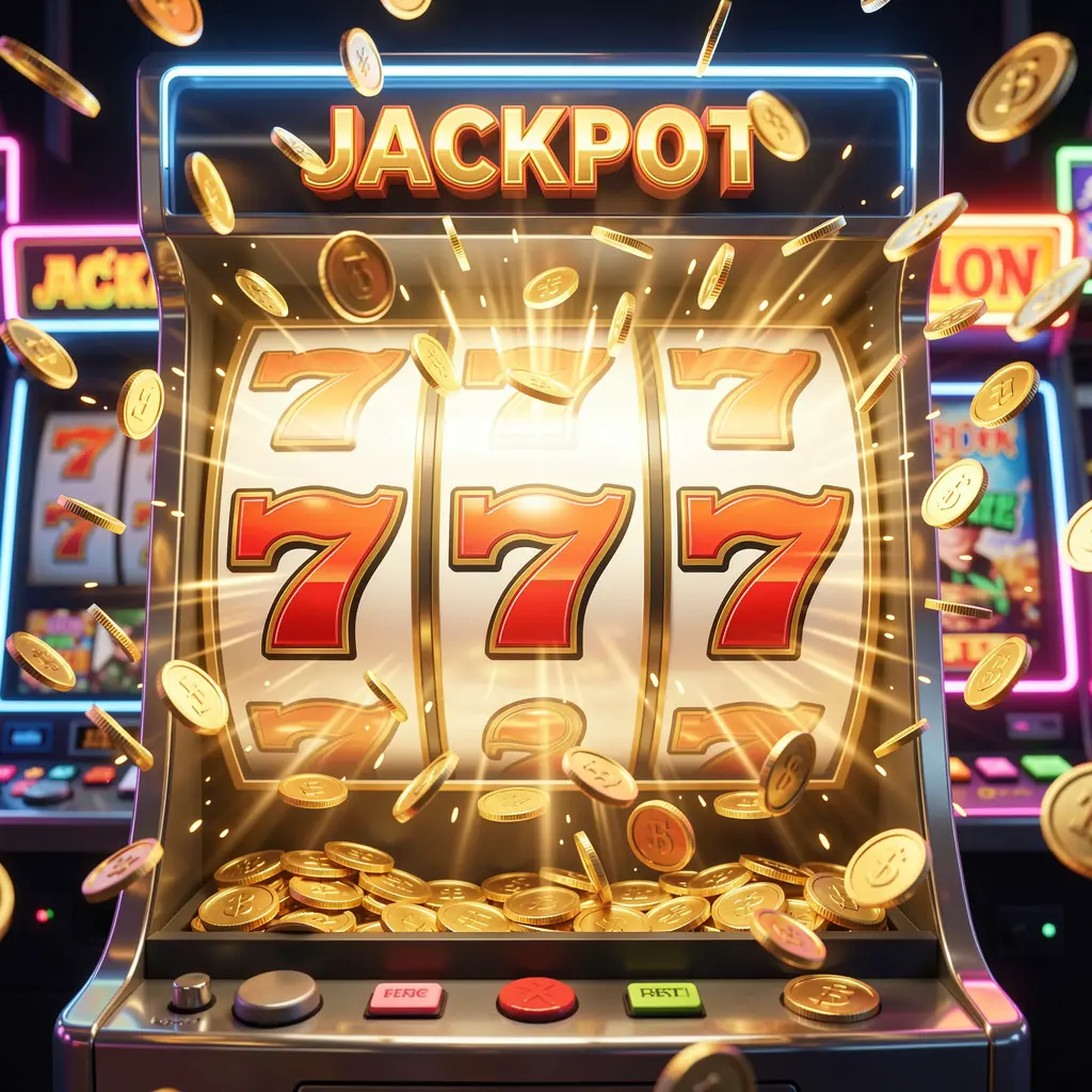 Classic triple seven slot reels with bright neon lights and flying coins creating a high energy jackpot mood at 53OK online casino for players in Bangladesh